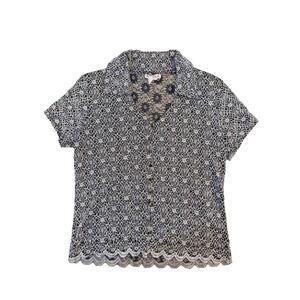 Vintage 90s Nicola Shirt Womens Medium Black White Crochet Lace Button Up USA